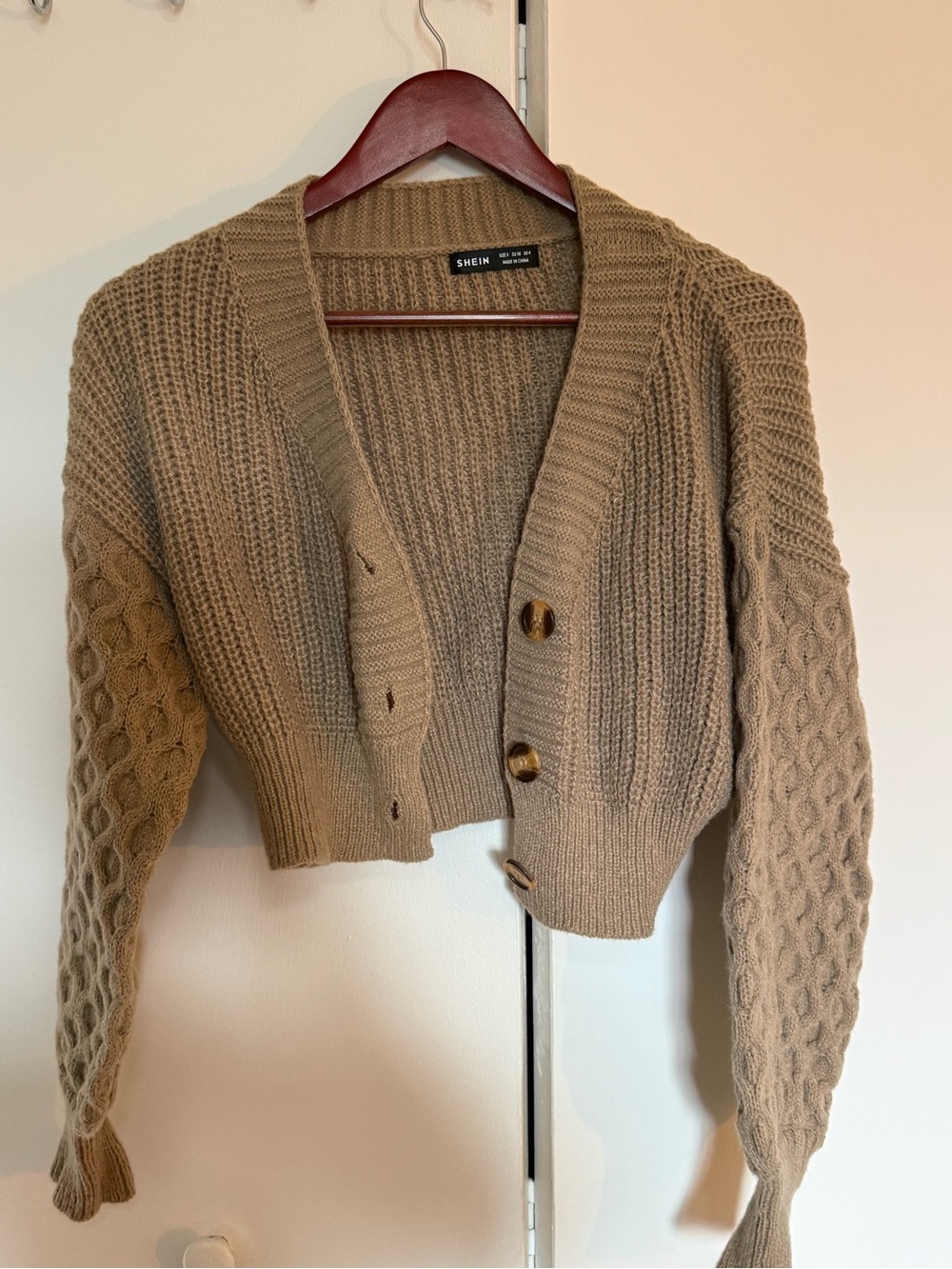 SHEIN Taupe Cable-Knit Cropped Button Cardigan